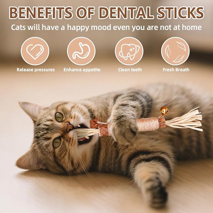 Natural Dried Matatabi Cat Chew Stick with Gall Fruit, Raffia Grass & Bell Cat Ball Toys, Handmade Silvervine Sticks Interactive Catnip Toy for Teething & Entertainment (Size M Color A)
