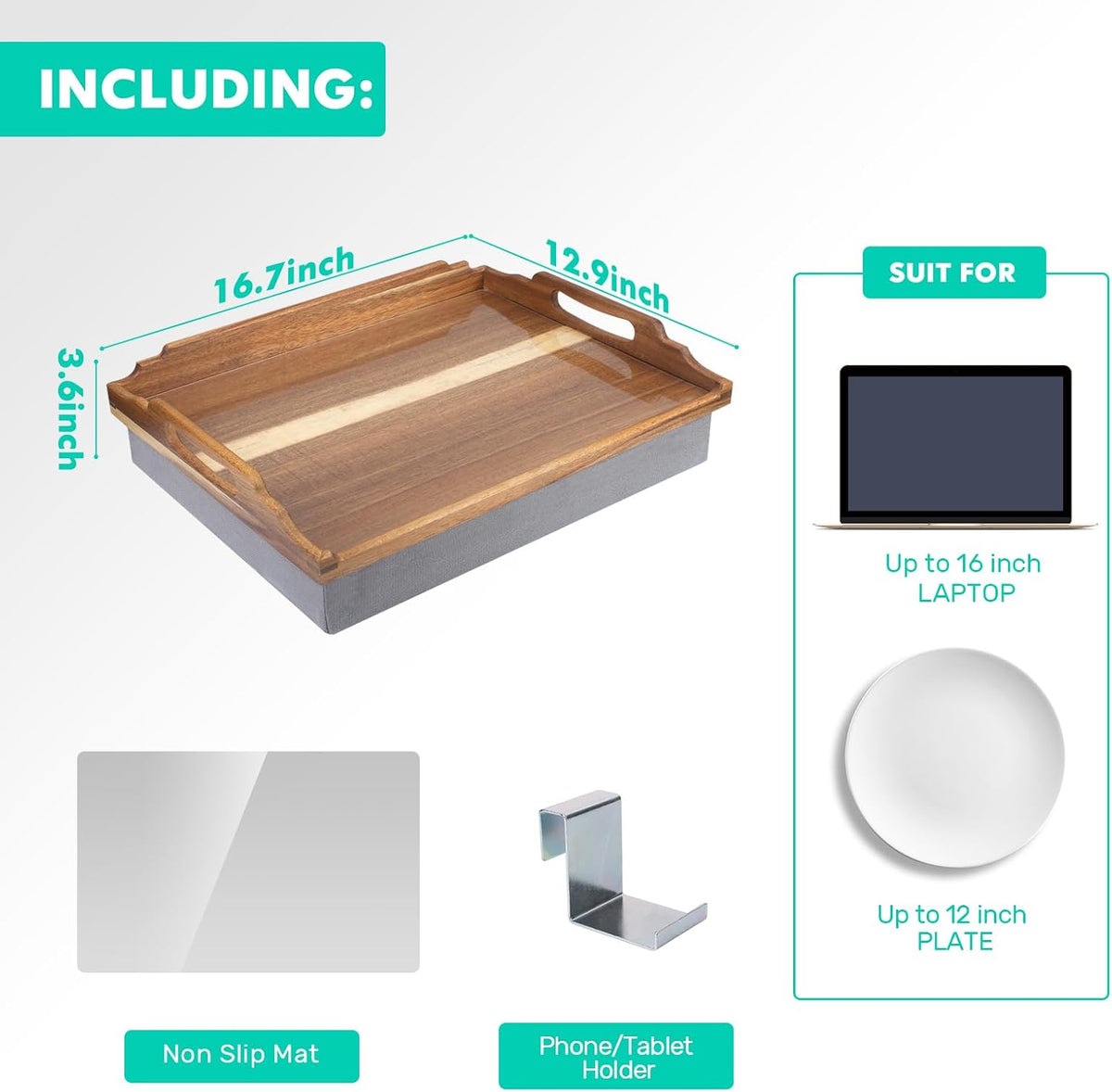 DRELIFAM Lap Desk with Cushion,Wooden Bed Tray Table for Eating,Lap Tray in Recliner,Breakfast Tray,TV Dinner Bed Food Trays (Acacia Wood A)