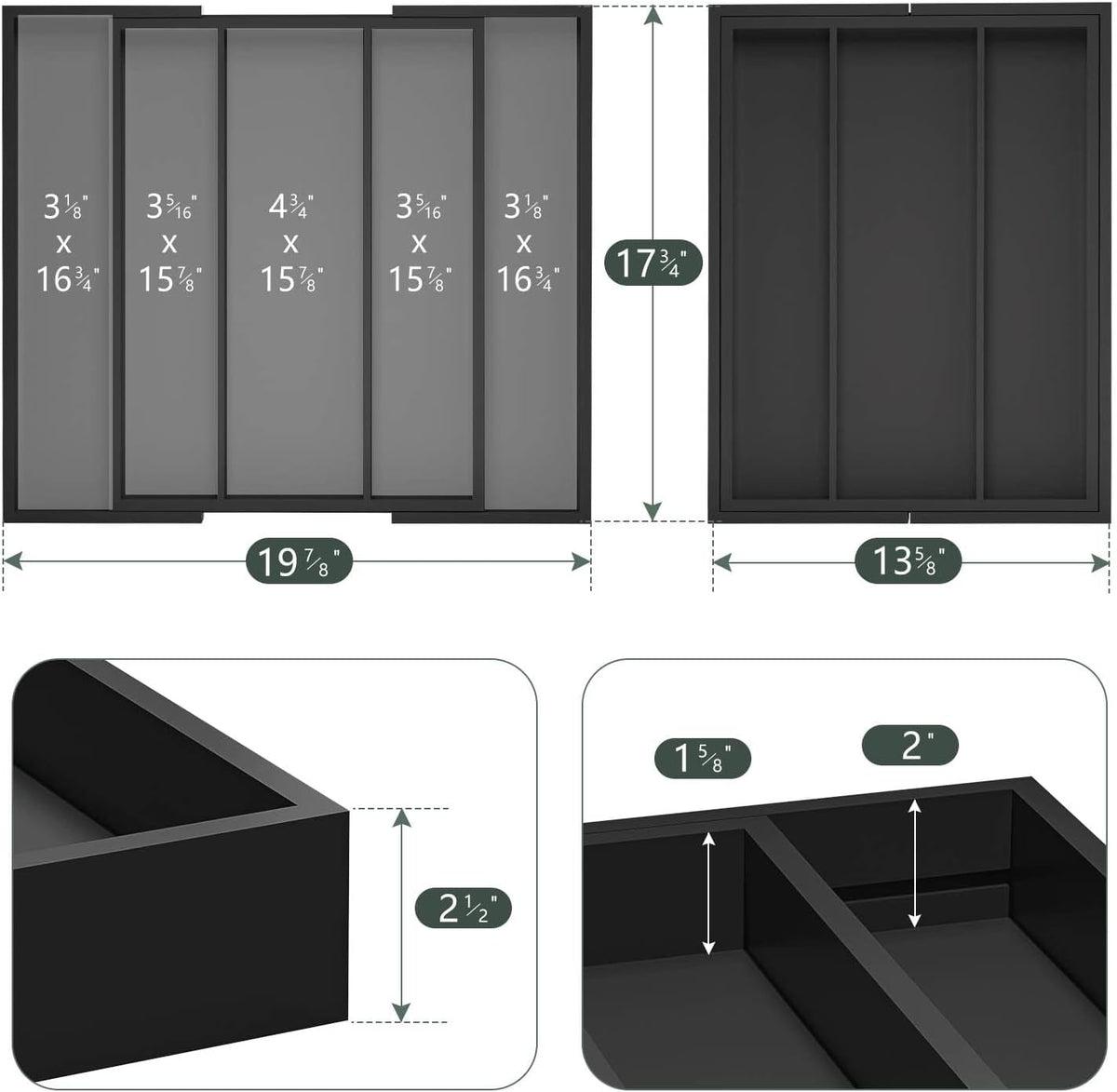 Kitchen Utensil Organizer Silverware Tray - Bamboo Flatware Organizer Expandable 5 Slots Multipurpose Silverware Organizer for Office Storage Garage Organization W13.7"-19.9" x L17.6" X H2.5" (Black)