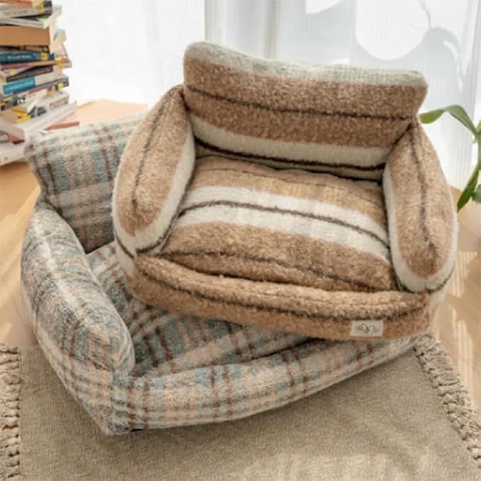 Lazy Holiday Plush Cozy Dog & Cat Sofa Bed, Teddy Velvet Dog Bed, Trendy Striped Faux Lambswool Double Layer Dog & Cat Sofa Bed Dogs Sleeping Mat for Medium Small Dogs & Cats (A-2,M)