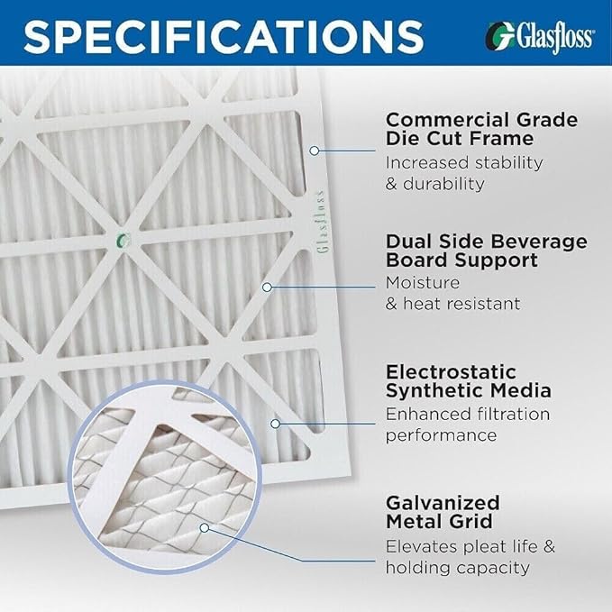 Glasfloss 18x18x1 MERV 10 Pleated Air Filters Box of 6. Actual Size: 17-1/2 x