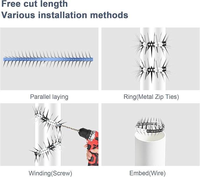 Bird Spikes,158inch Stainless Steel Bird Deterrent Spikes,Raccoon and Snake Deterrent,Squirrel Baffles for Bird Feeders,Pigeon Spikes for Outside,Anti climb spikes Garden Fences and Fruit Trees