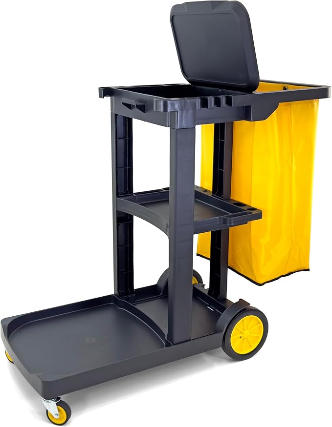 Compact Size Janitorial Cart | 3 Shelves | 25 Gallon Vinyl Bag with Cover | 450 LBS Capacity | Black