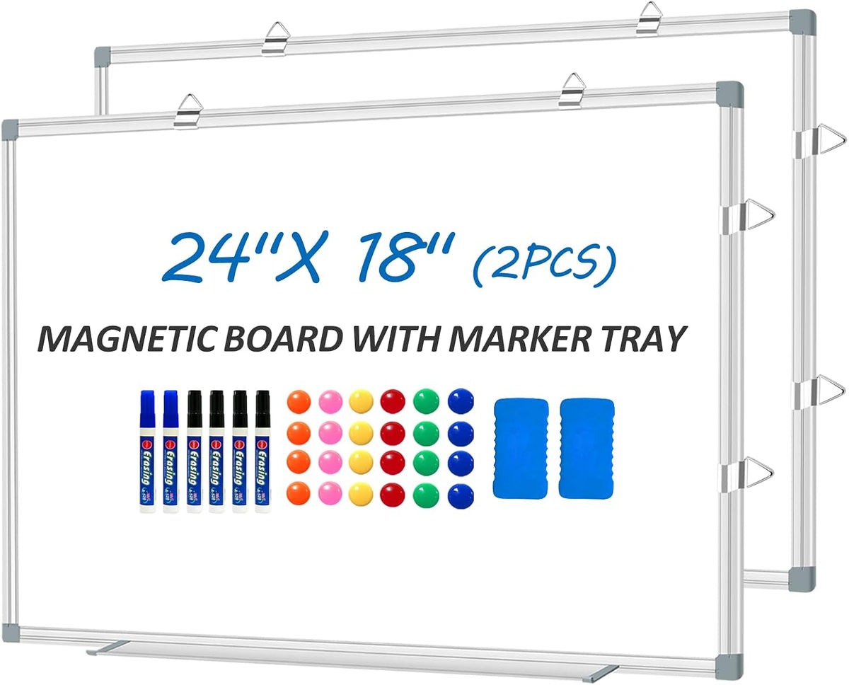Magnetic White Board Dry Erase Board for Wall 24" x18 (2pcs) Aluminum Frame Magnet White Board for Home, School, Office, Kitchen