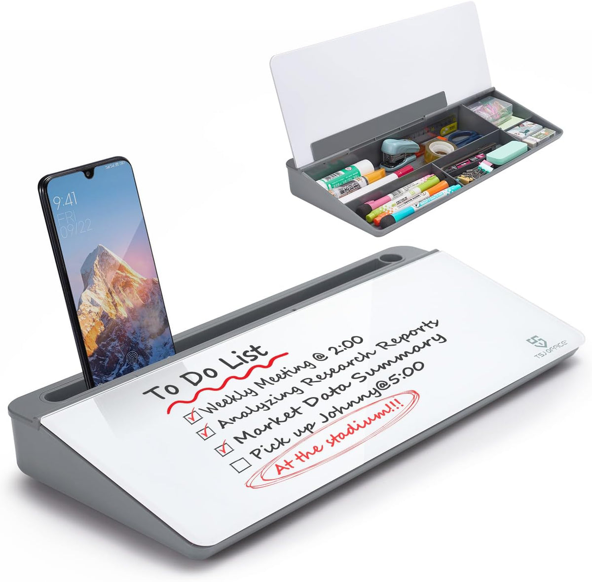 Small Desktop Glass Whiteboard Dry-Erase-Board - Computer Keyboard Stand White Board Surface Pad with Drawer, Desk Organizers with Accessories for Office, Home, School Supplies - Grey
