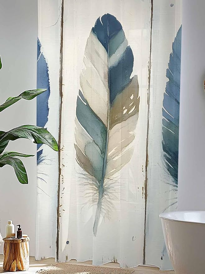 Sheer Curtains 96 Inches Long, Boho Blue Feathers Semi Sheer Curtains Light