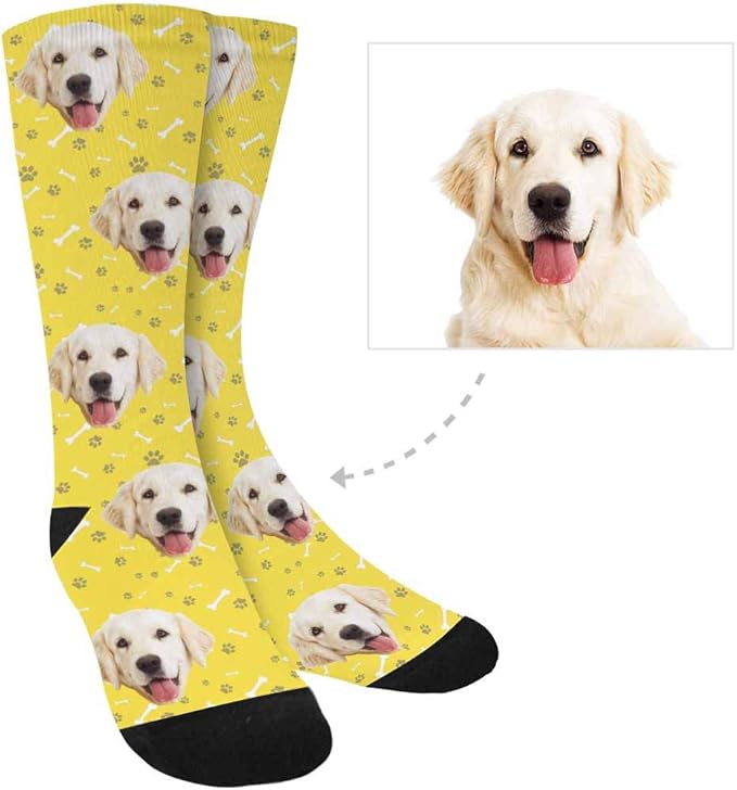 MyPupSocks Custom Personalized Photo Pet Face Socks, Cat and Dog Tracks Paws Bones Crew Socks with Picture for Men Women