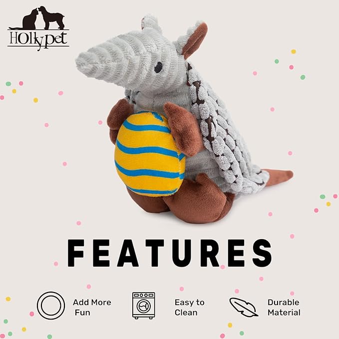 Hollypet Plush Dog Squeaky Toy Stuffed Armadillo Animal Pet Puppy Chew Toys with Clean Teeth for Small Medium Large All Breed Sizes Dogs, Gray, 8 in, Yellow Easter Egg with Blue Stripes