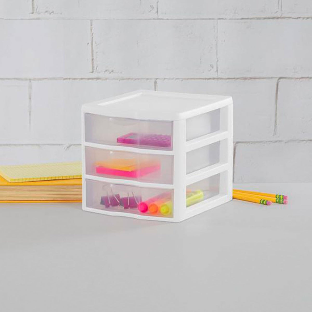 Sterilite Clearview Plastic Multipurpose Small 3 Drawer Desktop Storage Organization Unit for Home, Classrooms, or Office Spaces, White, (Pack of 6)