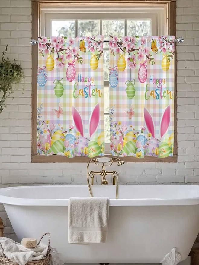 Happy Easter Kitchen Curtains 54 Inches Length, Spring Bunny Colorful Eggs