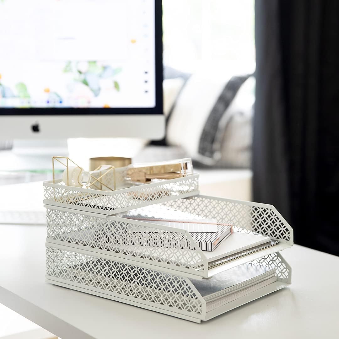 BLU MONACO | White Desk Organizer Set | 6 Piece Metal Desk Organizer with Pen Cup, Accessory Trays, and Letter Trays | Desk Organizers and Accessories for Office