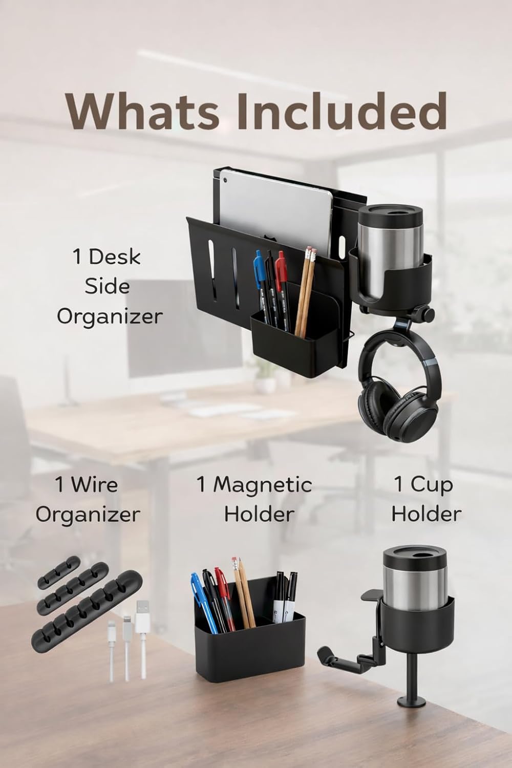 Desk Side Storage Organizer with Laptop Holder & Clamp Cup Holder, Hanging Desk Organizer with Cable Management & Magnetic Pen Tray for Vertical Laptop Storage