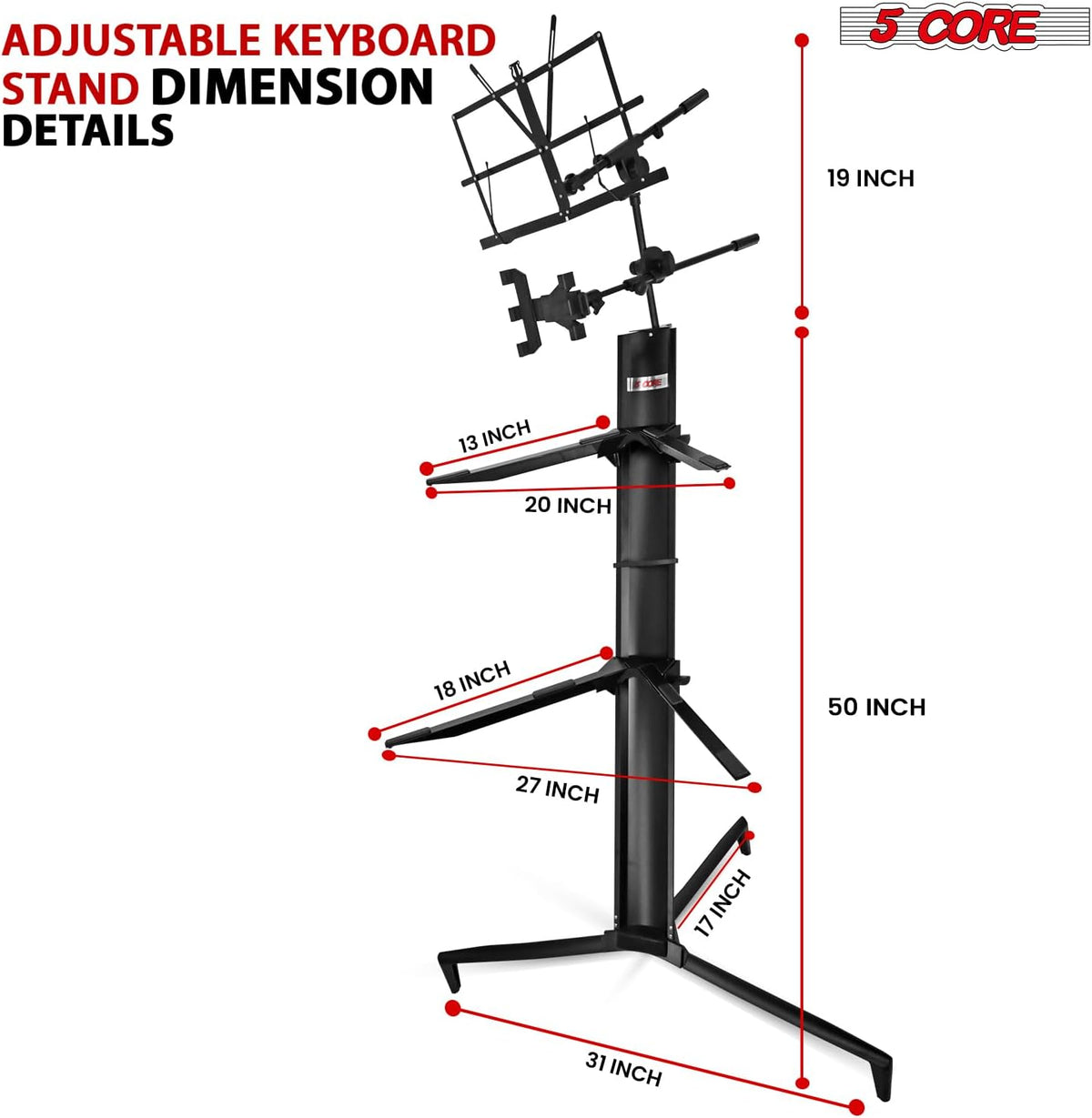 5 CORE Keyboard Stand 2 Tier Column for 61/76/88 Key Board DJ Controller Stands for Electric Digital Midi Pianos Black - KS C 2TD BLK AL