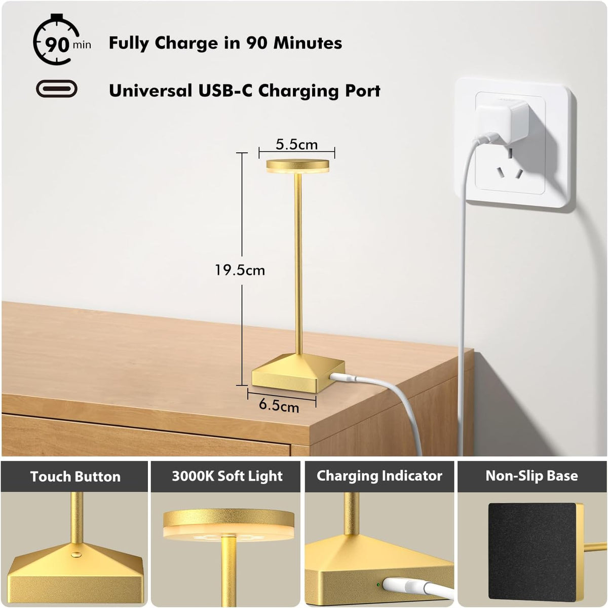 3 Pack Small Gold Rechargeable Cordless Table Lamps Dimmable