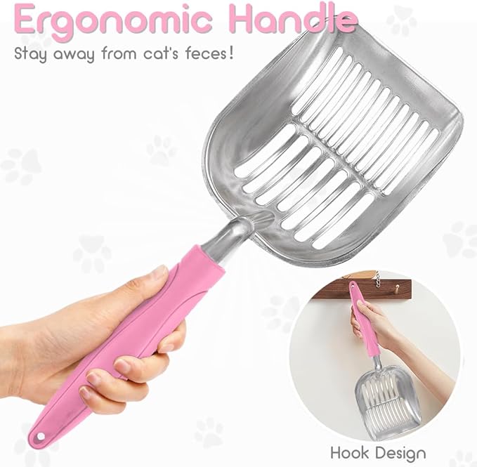 Cat Litter Scoop, Metal Cat Scooper, Plastic Handle Scoop, Sifting Shovel for Christmas – Heavy Duty Aluminum Alloy Litter Box Scoop with Deep Mesh, Design for Easy Waste Removal and Cleaning(Pink)