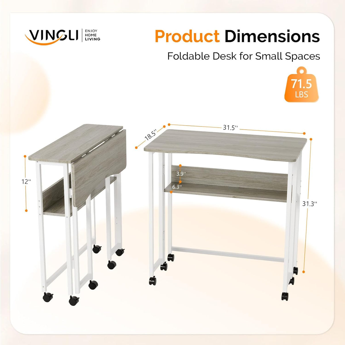 VINGLI 31.5 Inch Folding Computer Table, Small Rolling Desk with Storage Shelf, Space-Saving Sofa Table for Couch, Portable Writing Workstation Office Computer Desk, Grey