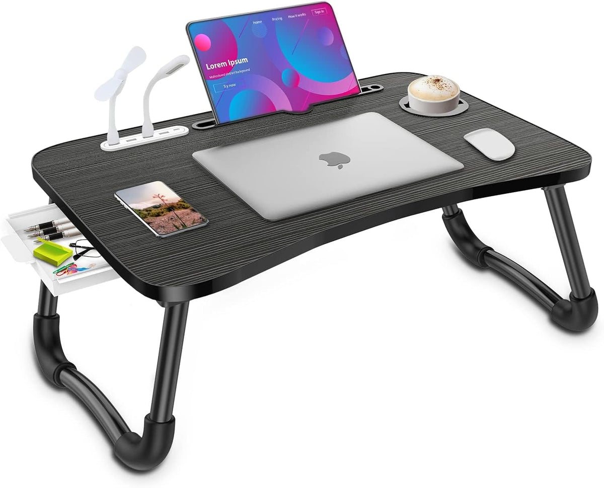 Zapuno Laptop Lap Desk, Foldable Laptop Table Tray with 4 USB Ports Storage Drawer and Cup Holder, Lap Bed Desk Notebook Stand Laptray Portable Standing Table for Bed Couch Floor