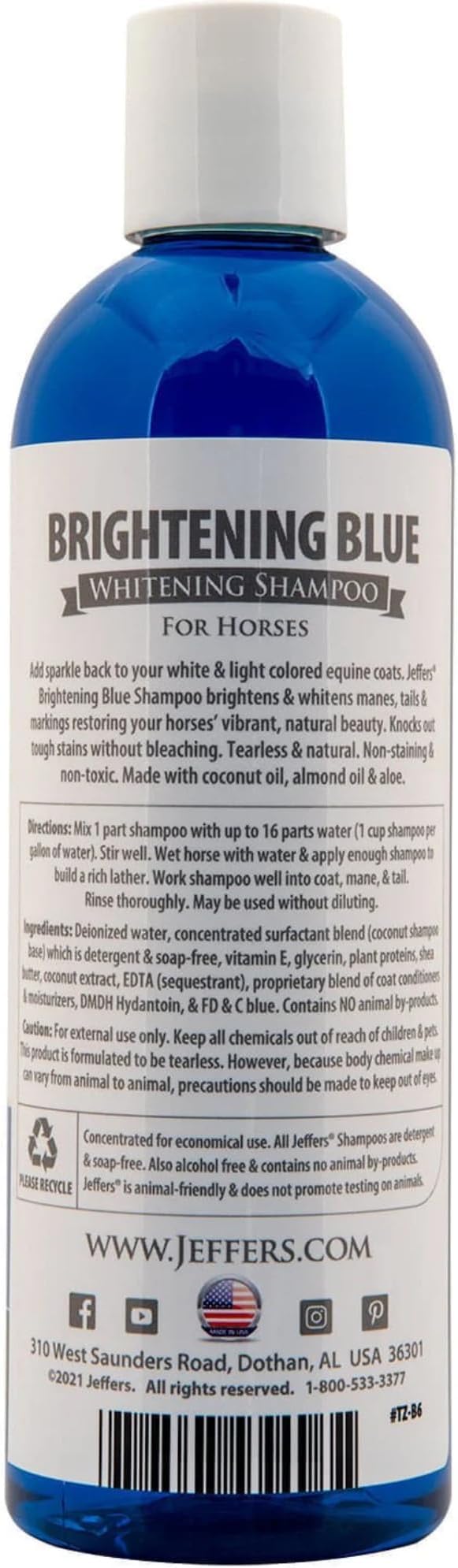Jeffers Equine Brightening Blue Shampoo for Horses, 16 oz - Stain Remover, Coconut Oil, Aloe, Gentle Grooming, Detergent - Free, Enhances Coat Shine, Mane & Tail Care