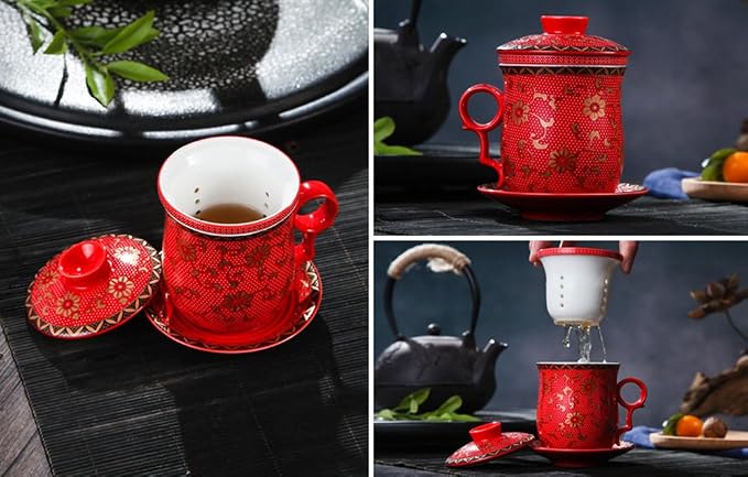 Porcelain Tea Cup with Infuser Lid and Saucer Sets