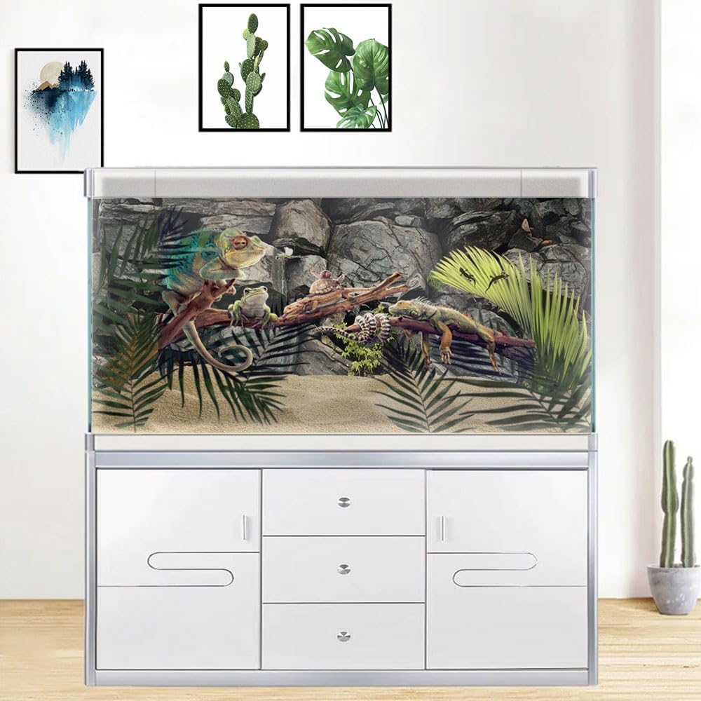 24X16IN Stone Aquarium Background, Rock Fish Tank Background, Natural Rocky Glass Terrarium Background with 8 EVA Double-Sided Tape