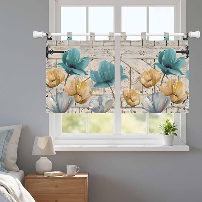 Watercolor Flowers Kitchen Curtains 24 Inch Length, Small Window Curtains Tab