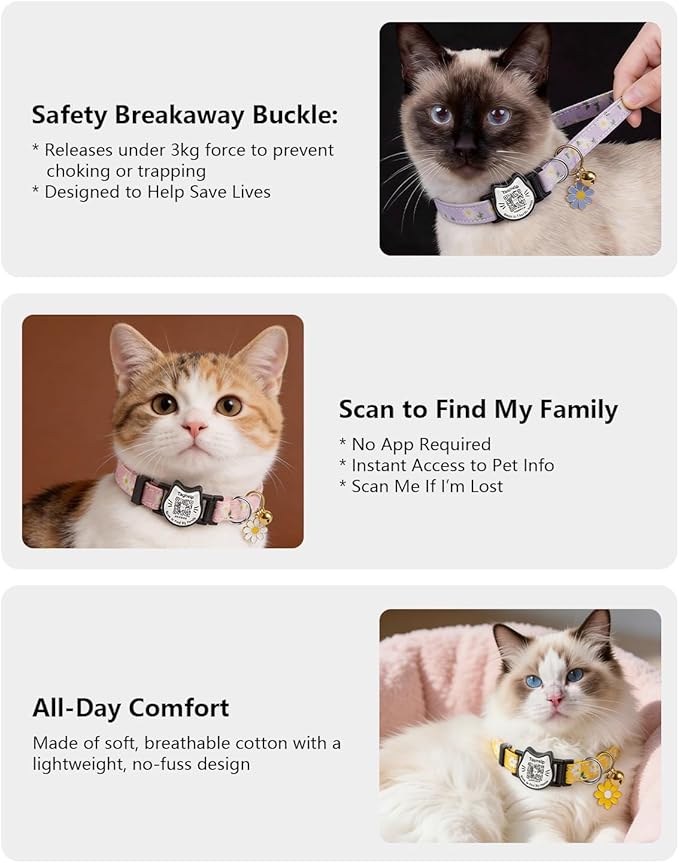 QR Code Cat Collar with Breakaway Safety Buckle, Adjustable Cotton Kitten Collar with Bell, Online Pet Profile Scan ID Tag for Lost Cats,Flower Pendant(Green)