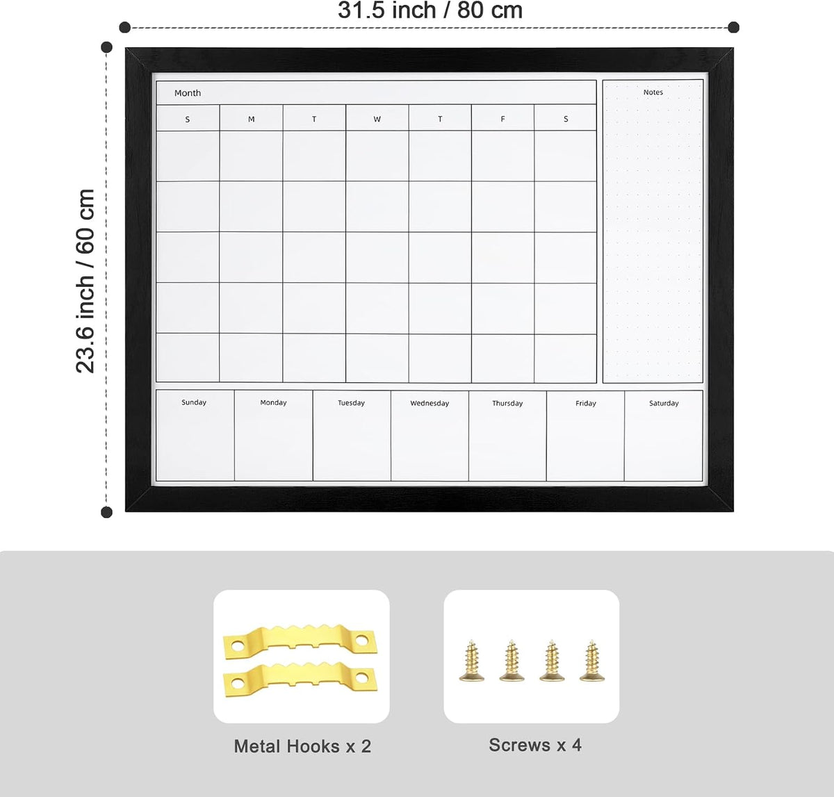 3-in-1 Dry Erase Calendar for Wall, 31.5x23.6 inches Magnetic Surface Monthly & Weekly Planner Whiteboard, Dry Erase Board with Black Wood Frame, Hanging White Board Calendar(YL+ZL-BK,6080)