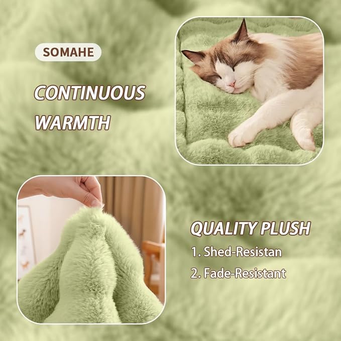 Cat Bed Plush Puppy Pad Mat with Non-Slip Bottom Faux Fur Kitten Beds for Carriers/Floor Dog Friendly 23 x 15 Inch Medium Green