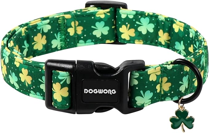 DOGWONG St Patrick's Day Dog Collar-Cute Green Clovers Dog Collars, Adjustable Shamrock Pet Collars Trefoil Puppy Collars with Quick Release Buckle for Girl&Boy Dogs,XS