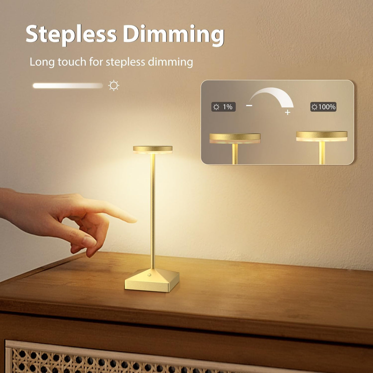 3 Pack Small Gold Rechargeable Cordless Table Lamps Dimmable