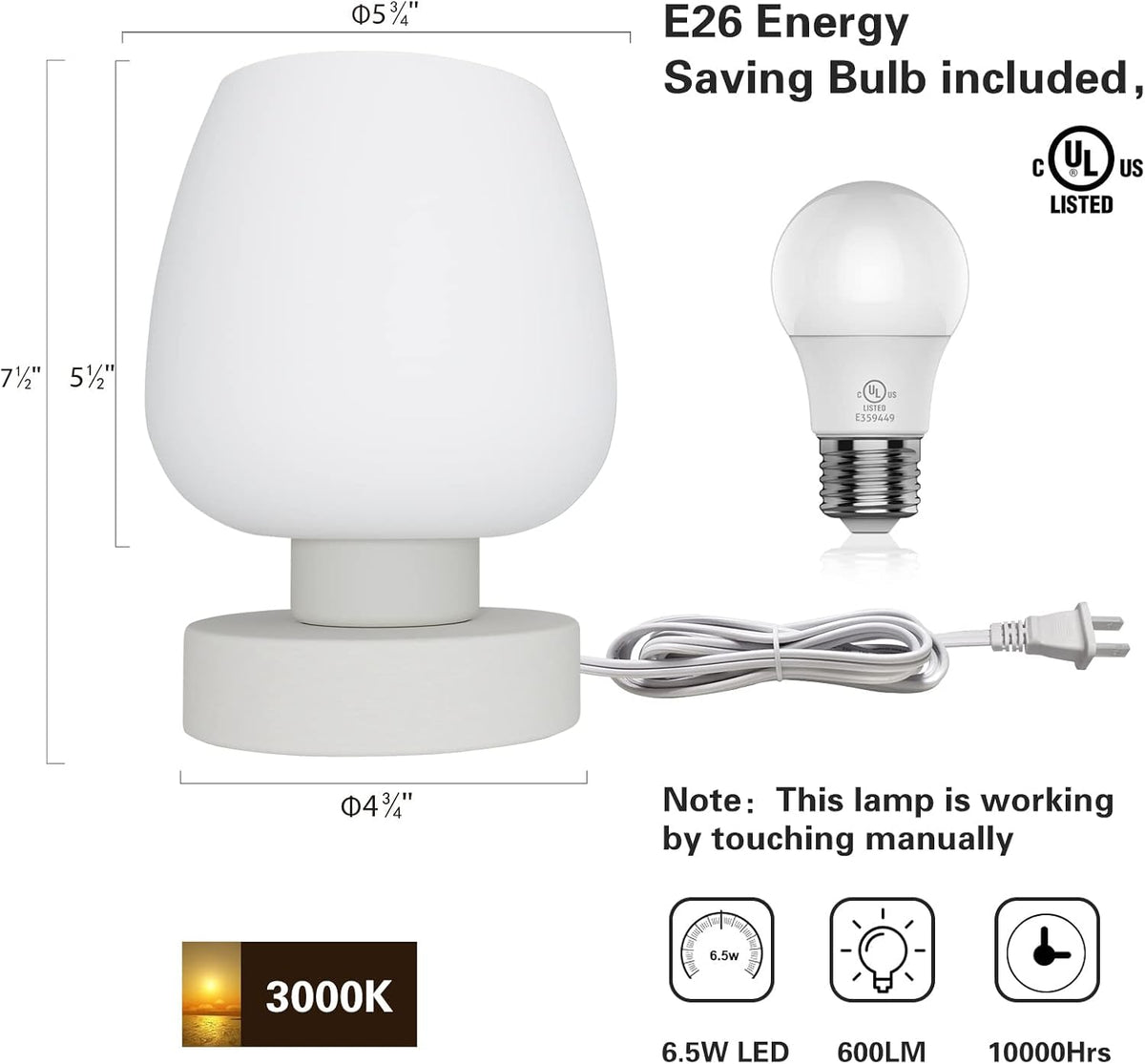 Touch Bedside Table Lamp Set of 2 - Small Modern Table Lamp for Bedroom Living Room Nightstand, 3-Way Dimable Desk lamp with White Opal Glass Lamp Shade, 2700K LED Bulb, Simple Design Home Decor