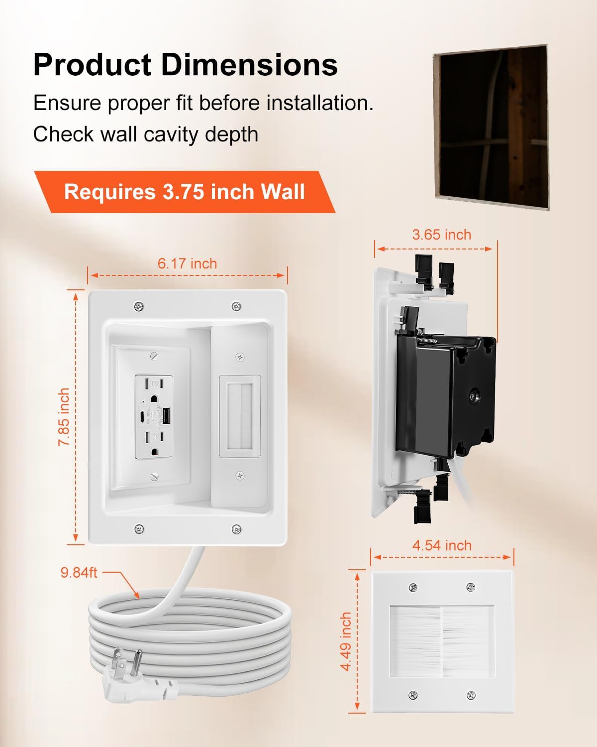 in-Wall Cable Management Kit (2AC + USB-A + USB C), 9.84ft Cord