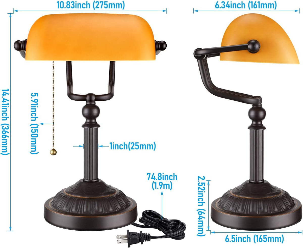 TORCHSTAR Amber Glass Bankers Desk Lamp with Pull Chain, E26 Base