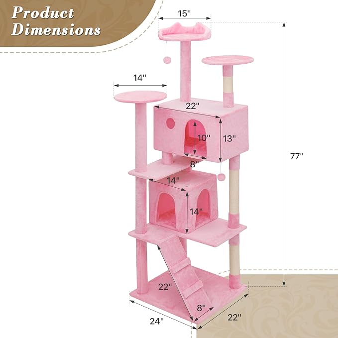 Athena Collection Cat Tree, 77 Inch Cat Tower for Indoor Cats, Multi-Level Cat Tree Tower Activity Center with 2 Cat Condo & Cat Scratching Post & Dangling Ball, Tall Cat Tree, Soft Pink