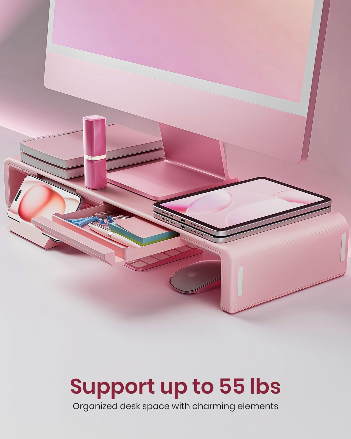 Pink Monitor Stand Riser, Klearlook Foldable, Height Adjustable Computer Stand, Desk Shelf Riser with Storage Drawer &Tablet Phone Stand for Desktop, Laptop