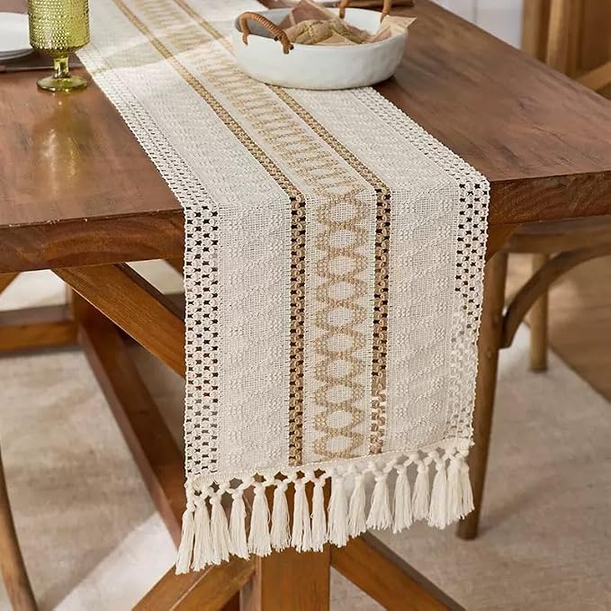 Boho Table Runner for Christmas, Woven Cream & Brown Macrame Dining Table