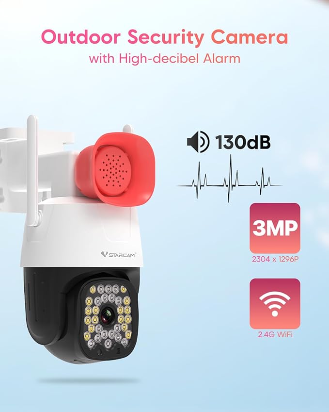VSTARCAM 3MP Outdoor Security Camera with 130dB Loud Siren Alarm, 2K Color Night Vision WiFi Surveillance Camera, 360° PTZ Auto Tracking, Two-Way Audio, IP66 Waterproof, Cloud/SD Storage