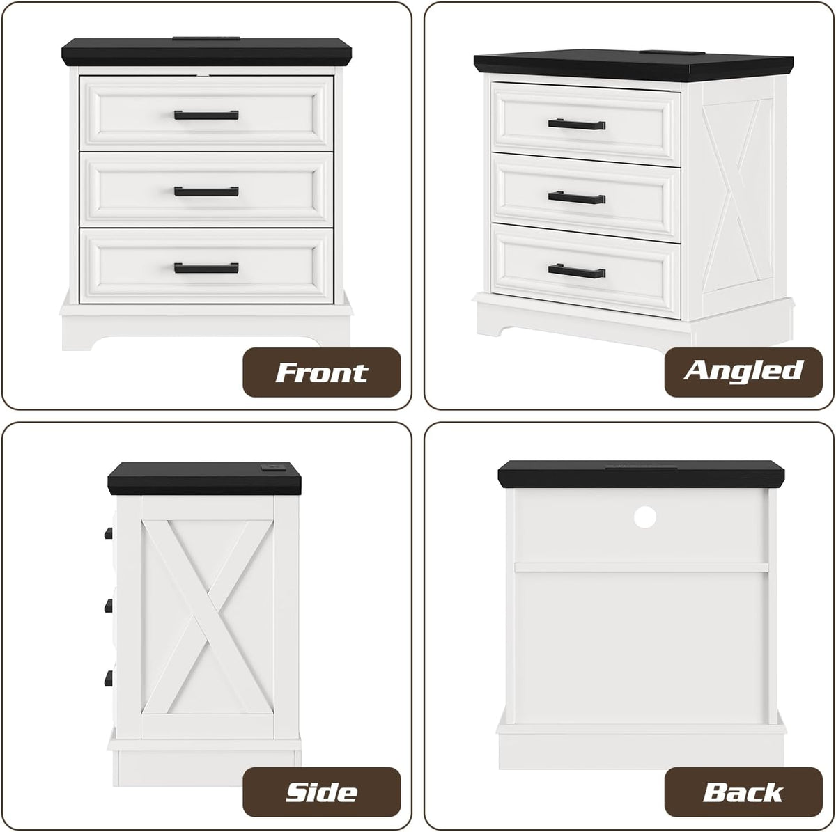 knoworld 24 Inch Wide Farmhouse Nightstands with Charging Station, White Nightstand with 3 Large Drawers, Rustic Wood End Table for Bedroom
