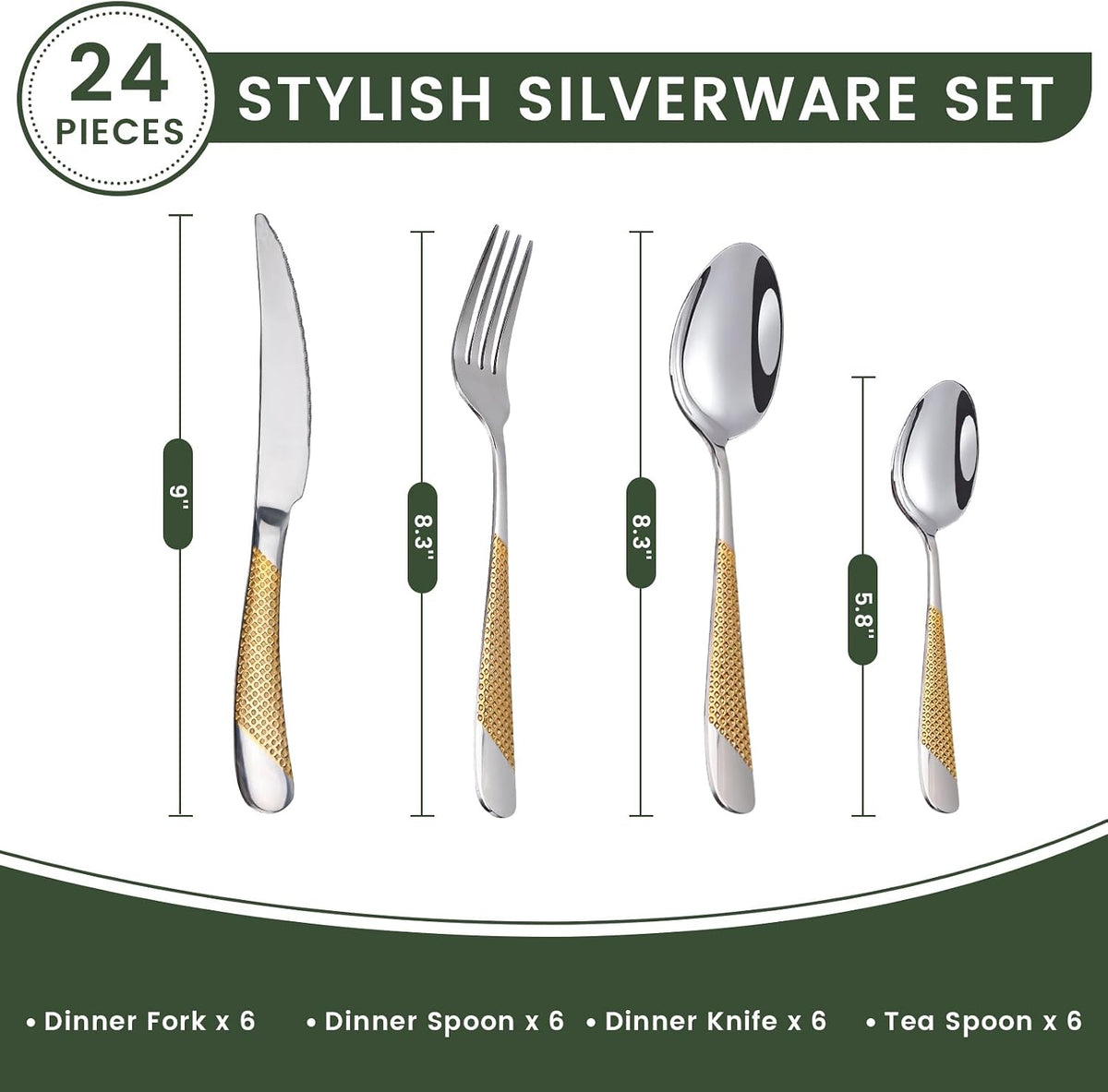 24-Piece Silverware Set with Organizer, Stainless Steel Flatware for 6, Cutlery Utensil Sets with Antiskid Handle, Rust-proof Stainless Steel Cutlery, Mirror Polished,Dishwasher Safe (Gold-silver)