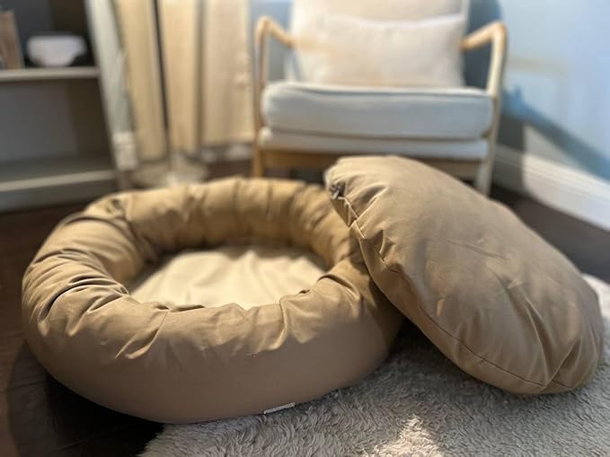 Organic Cotton Canvas Dog Bed: Removable Cover, Natural Fill - Made in USA (Tan, Medium 28" x 8" inches)