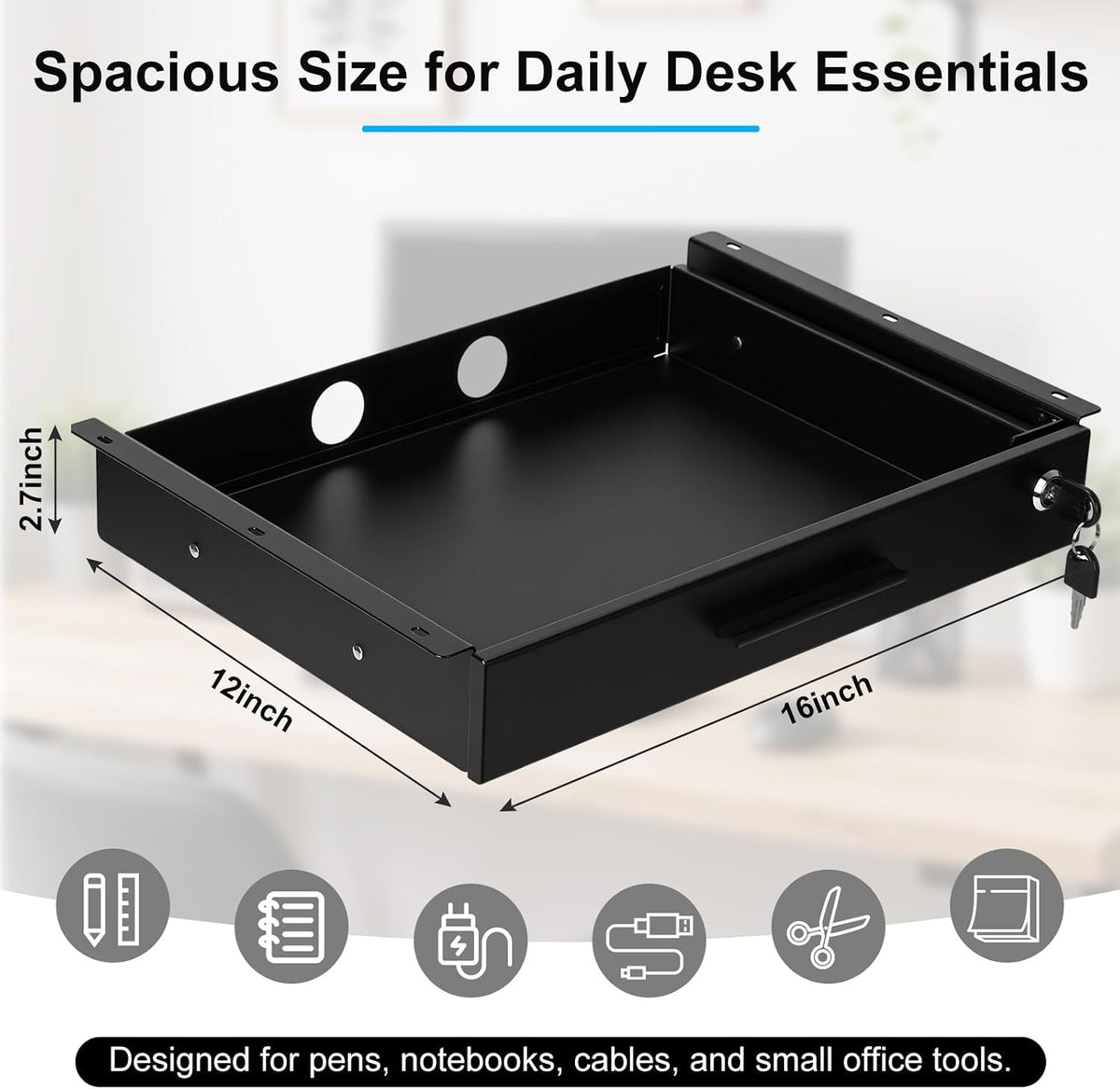 Menkxi 16'' x 12'' Under Desk Drawer Slide Out Storage Organizer, Black