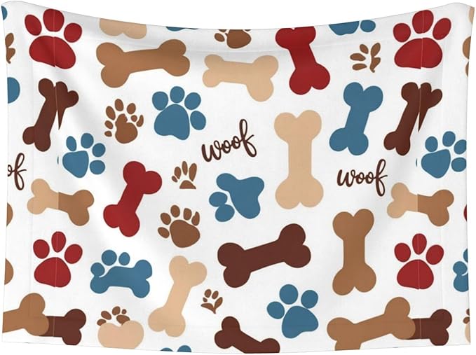 Pet Blanket for Travel and Home, Dog Bones Paw Prints Cream, Reversible Plush Dot Design with Soft Grip Texture on One Side Perfect for Car Seats Moving Vehicles