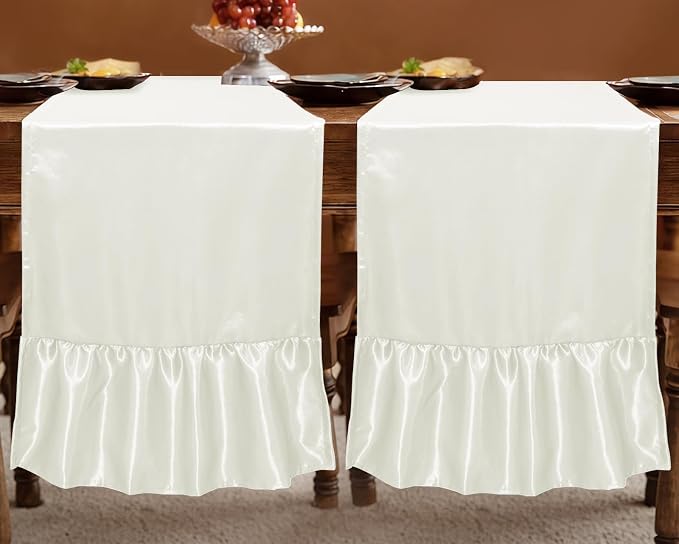2 Pack White Satin Table Runner 12 x 72 Inch | Ruffle Design, Luxurious Dining