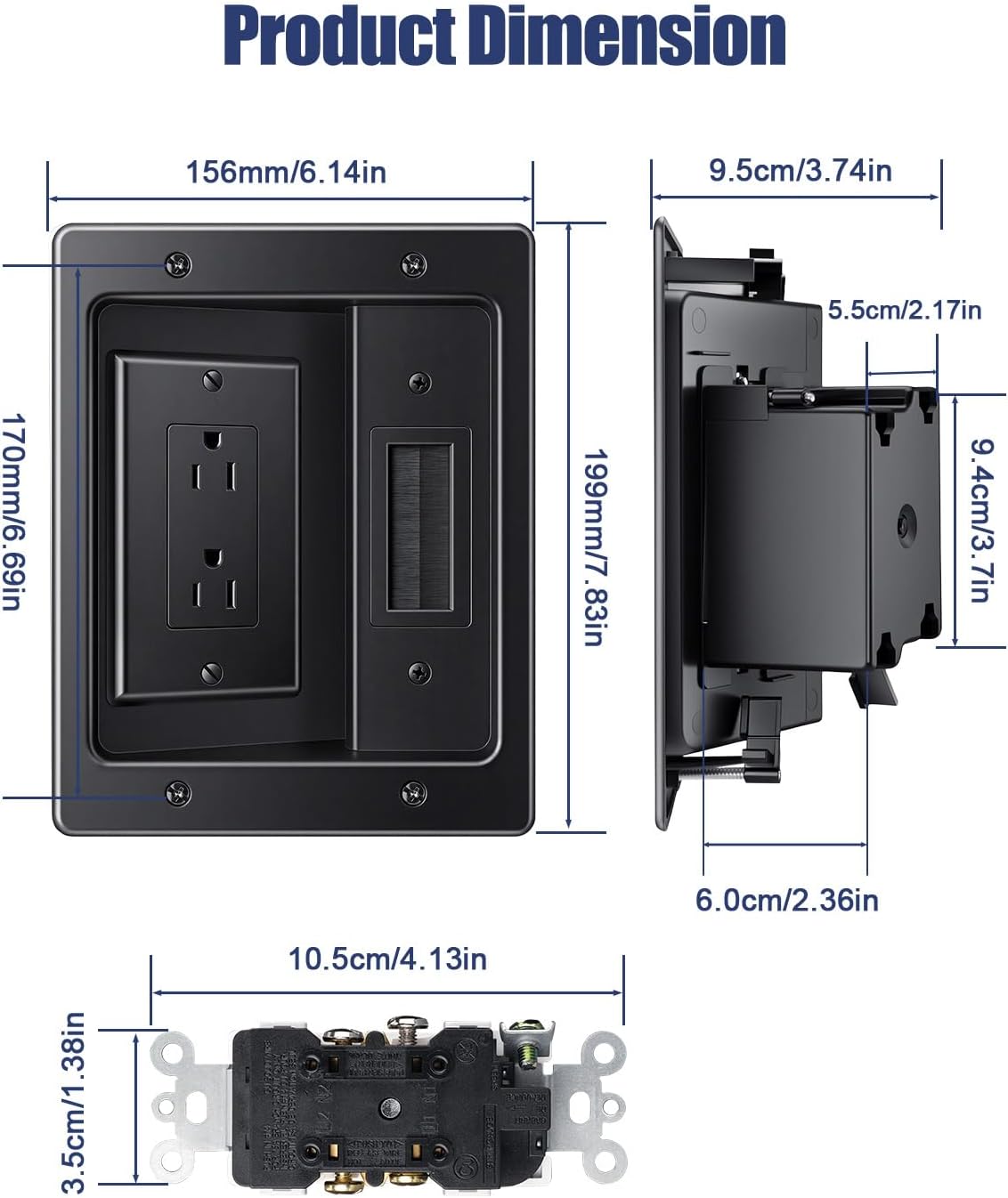 ZEXMTE in Wall Cable Management Kit, Wall Cable Concealer Kit for TV, Recessed Outlet for Low Voltage Cables, Cord Hider Fits All Plugs for Wall Mounted TV & Cable Pass Through, Black