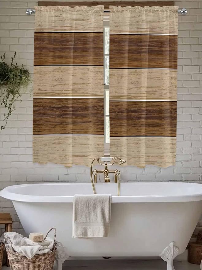 Retro Country Brown Wooden Board Window Valance Curtains, Farmhouse Gradient