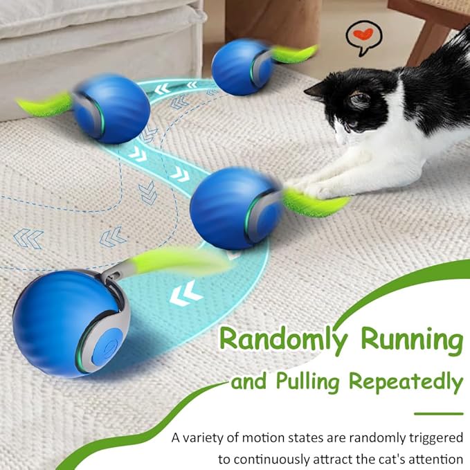 Interactive Cat Toys for Indoor Cats, Smart Interactive Cat Toy Ball with Tail Fast Rolling on Carpet Automatic Kitten Toys for Bored Indoor Adult Cats Two Speed Adjustment (Blue)
