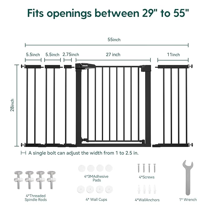 BABELIO Extra Wide Baby/Dog Gate PressGuard P7, 29-55" Auto Clos for The House and Doorway, Safety Pressure Mounted Pet Door, NO Need Tools and Drilling, Black