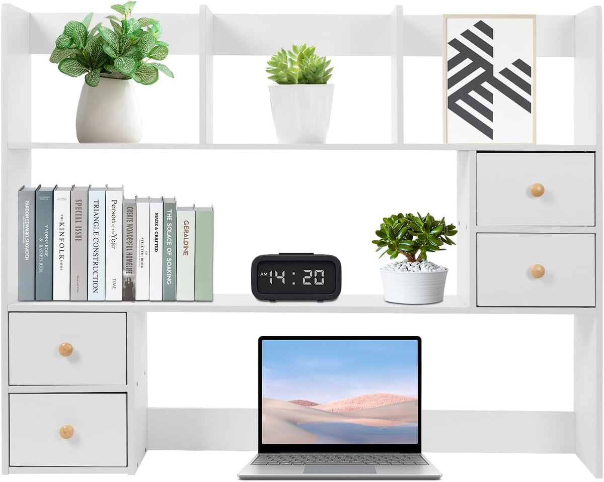 Wood Dorm Desktop Storage Rack, Office Desk Bookshelf Holder, Desktop Bookshelf Storage with 4 Small Storage Cabinets, Desktop Rack for Classrooms, Offices, Dormitories, Study Rooms (White)