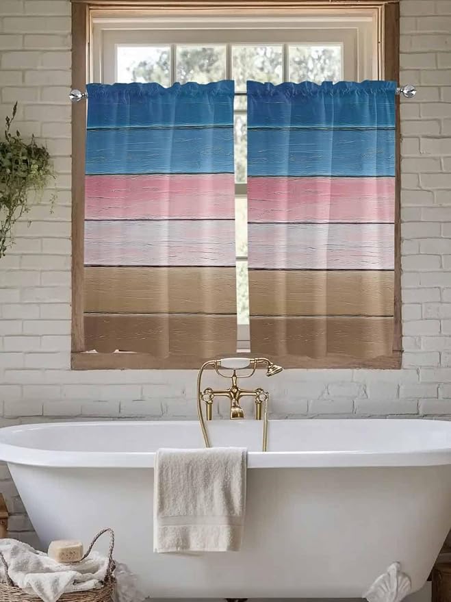 Blue Pink Brown Gradient Wood Grain Window Valance Curtains, Vintage Wood Board