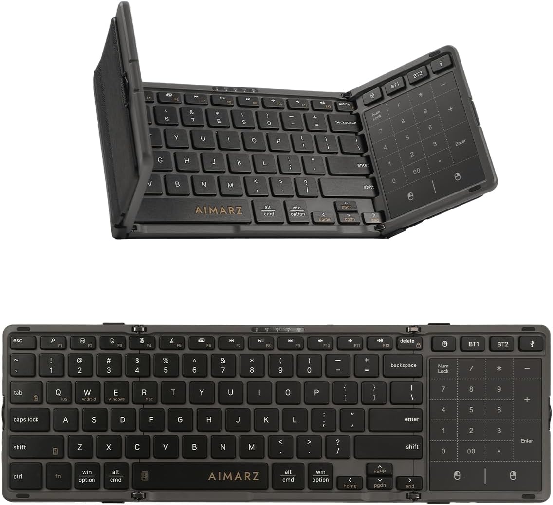 AIMARZ AF01 Foldable Keyboard, Full-Size Keys, Touchpad/Number Pad, Black